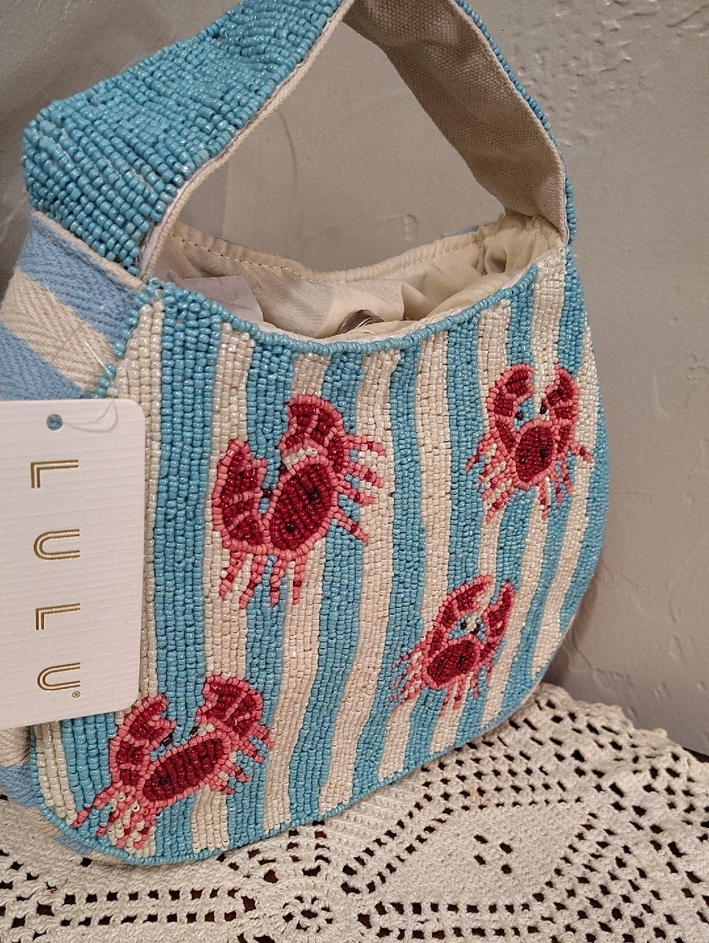 Lulu Hand-Beaded Crab Beach Scene Arm Bag NWT Made In India - Picture 3 of 6